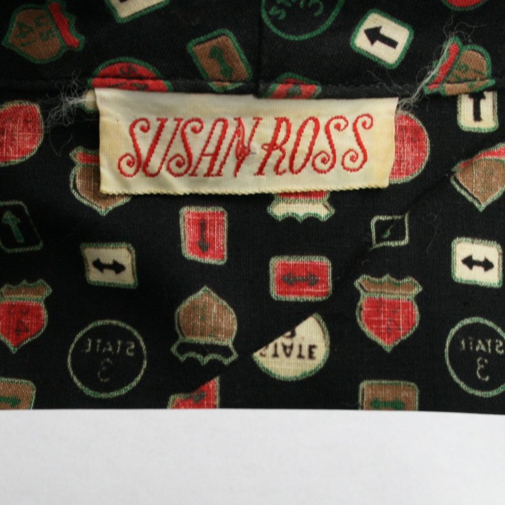 Vintage 50's Susan Ross Black Cotton Road Sign Midi Dress w/ Belt SZ S EUC - Picture 2 of 8